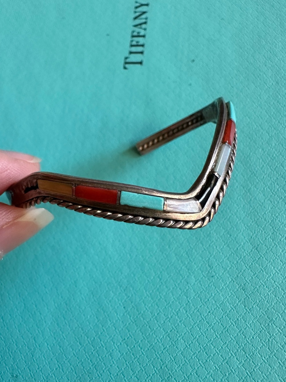Vintage Sterling Zuni Native Pointed Polished Stone Bracelet Cuff